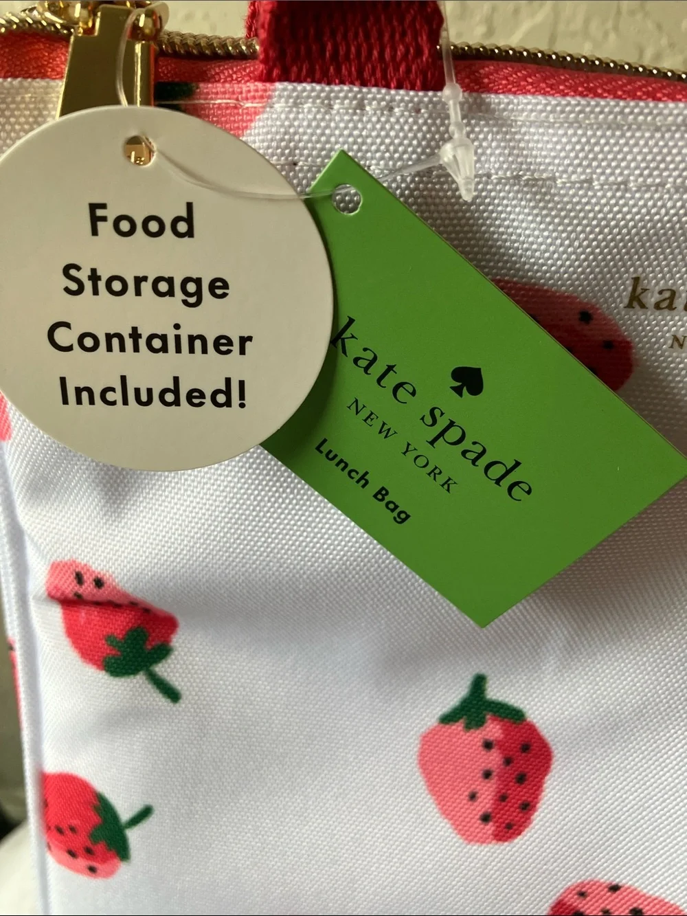kate spade: White Strawberry Print Lunch Bag- food storage container